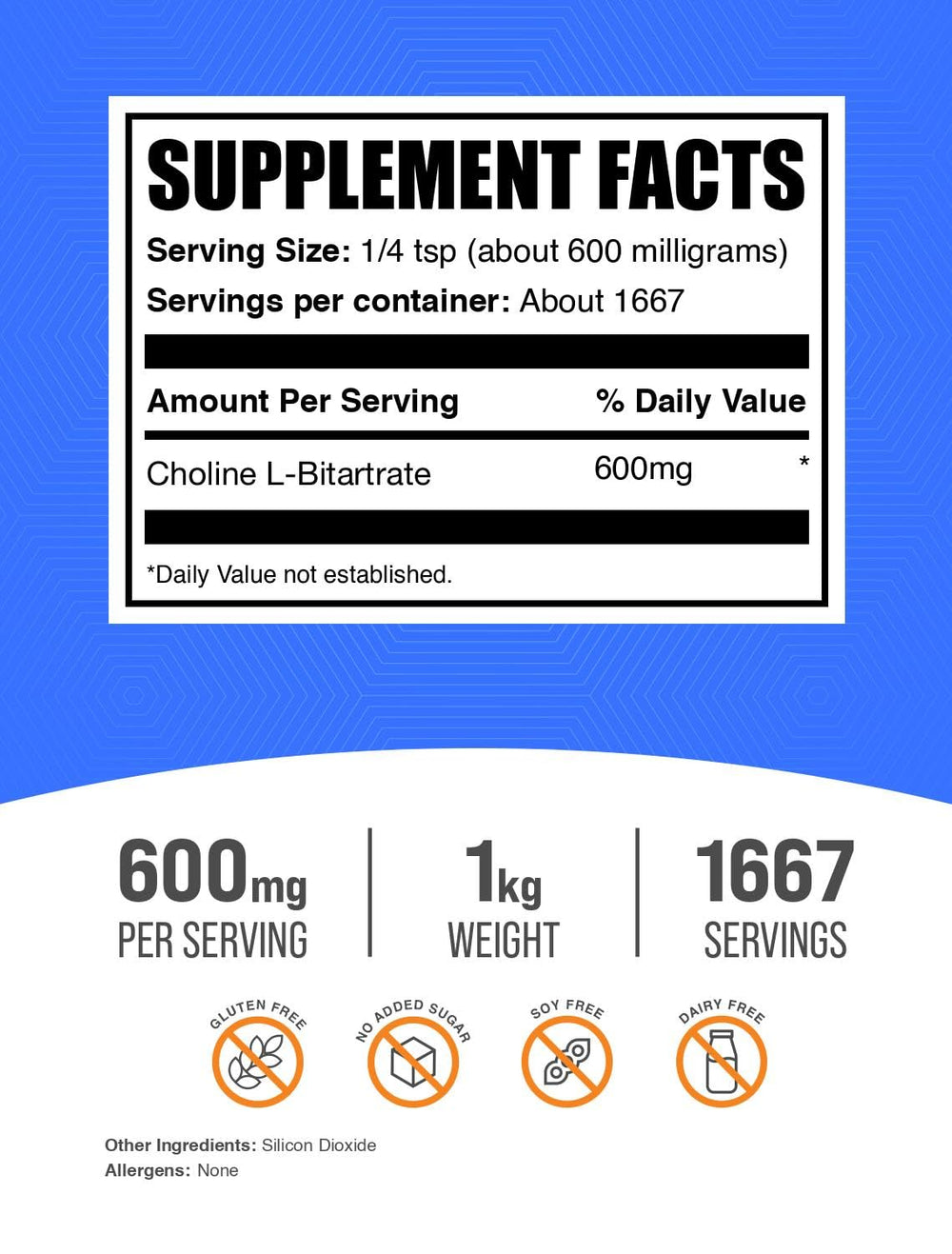 BulkSupplements choline bitartrate powder scoop; convenient 600mg servings for daily use.