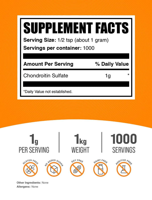 BulkSupplements Chondroitin Sulfate Powder with a measuring spoon enables easy daily dosing.