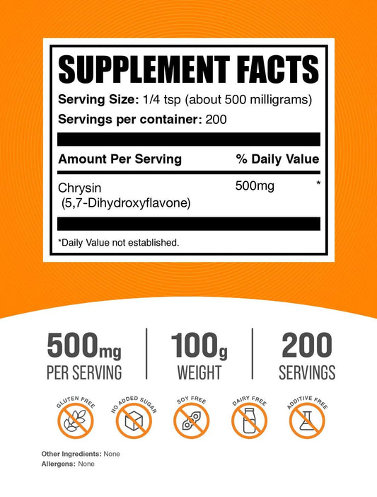 BulkSupplements Chrysin powder pour-jar for easy mixing into beverages.
