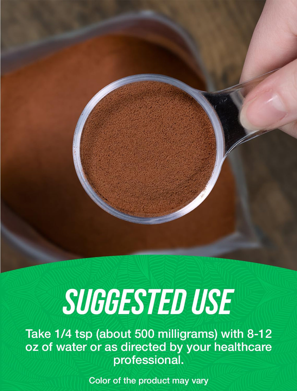 BulkSupplements Cocoa Bean Extract Powder open container with a measuring spoon ready to mix.