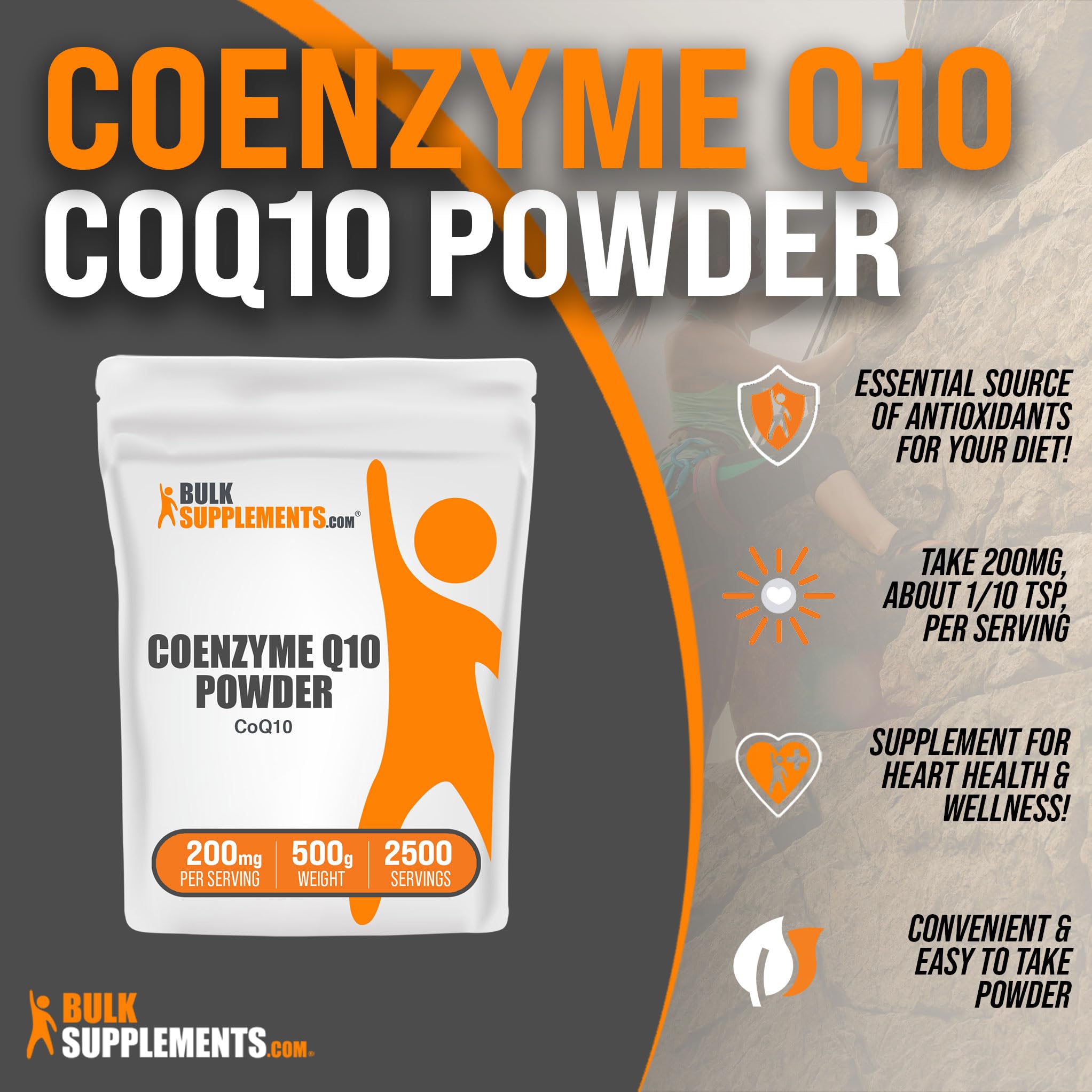 BulkSupplements CoQ10 powder label highlighting gluten free and ingredients