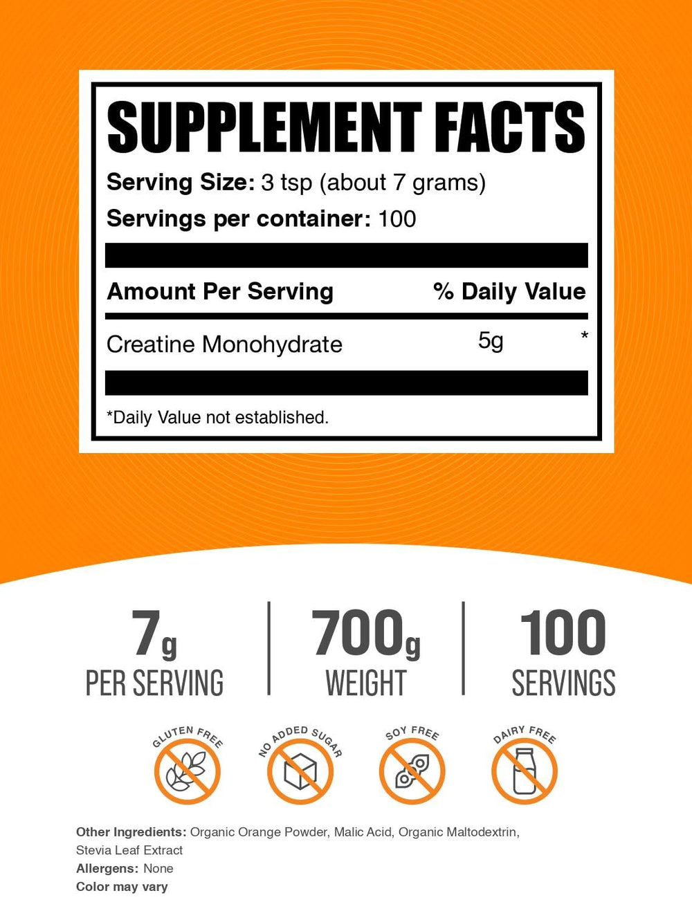 BulkSupplements Creatine Monohydrate Orange Smash with measuring scoop for easy dosing