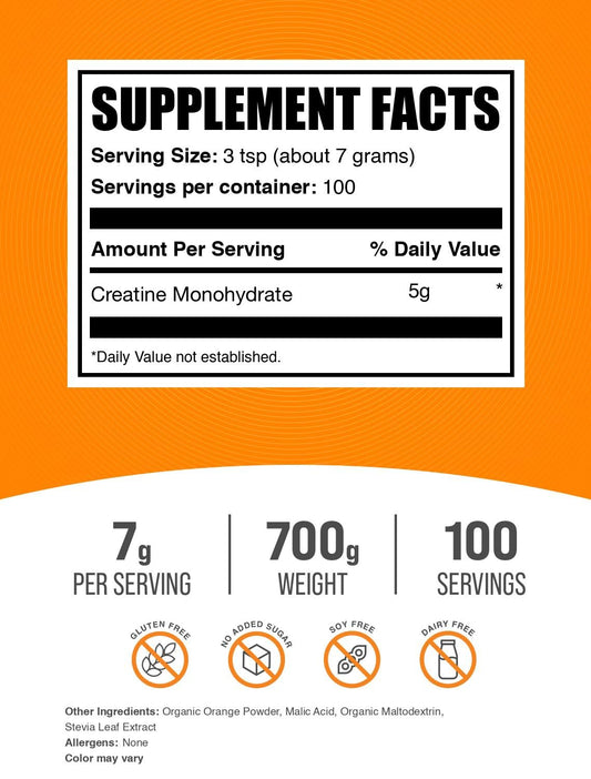 BulkSupplements Creatine Monohydrate Orange Smash with measuring scoop for easy dosing