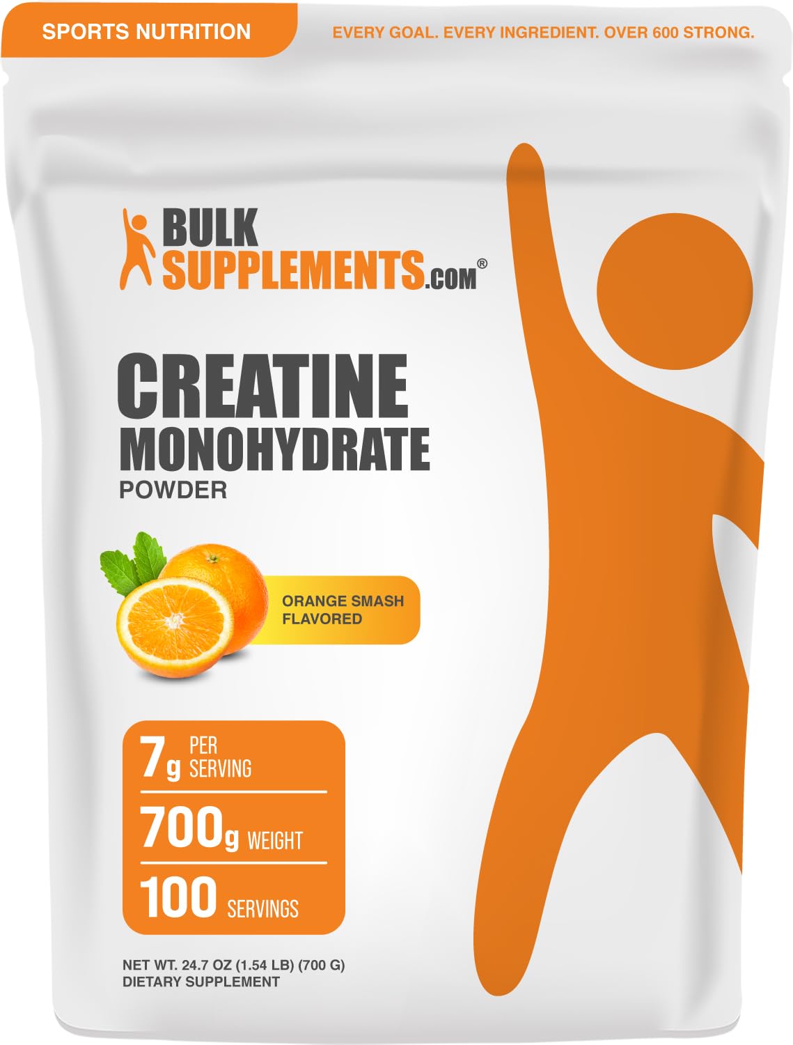 BulkSupplements Creatine Monohydrate Orange Smash powder bottle for workout support