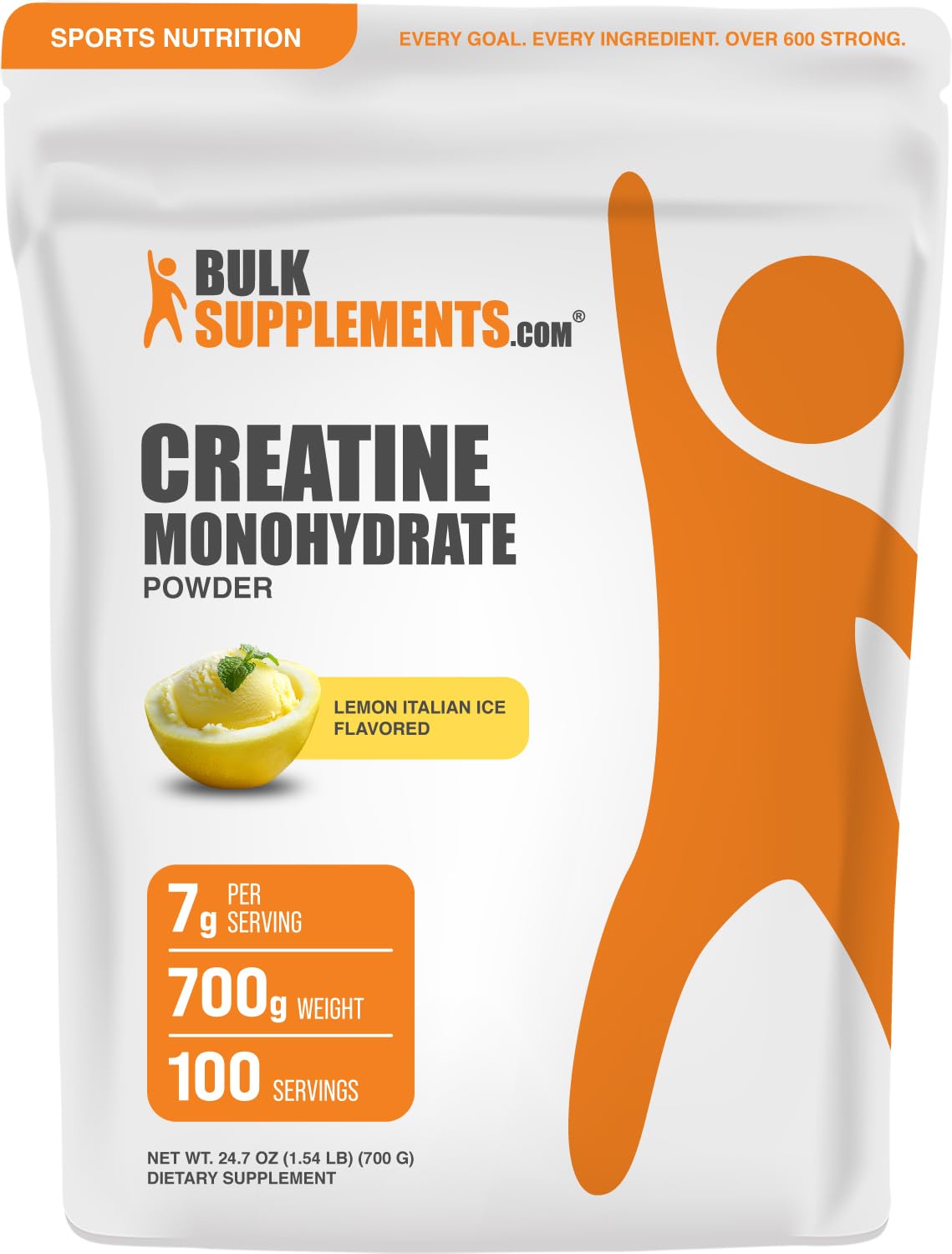 BulkSupplements Creatine Monohydrate powder bottle with lemon Italian Ice flavor supports workouts.