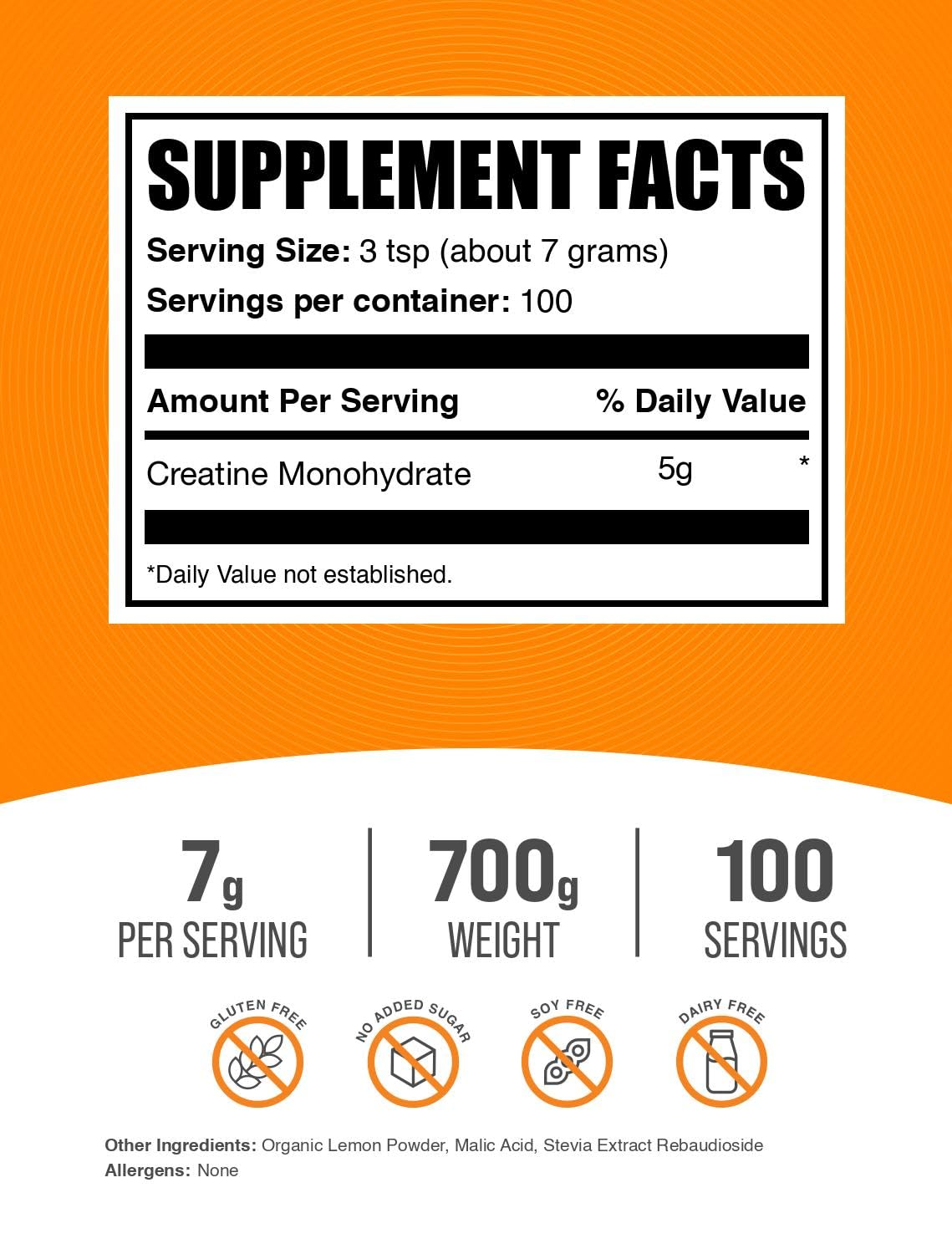 BulkSupplements Creatine Monohydrate powder close-up highlights texture and lemon Italian Ice flavor.