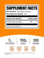 BulkSupplements Creatine Monohydrate powder close-up highlights texture and lemon Italian Ice flavor.