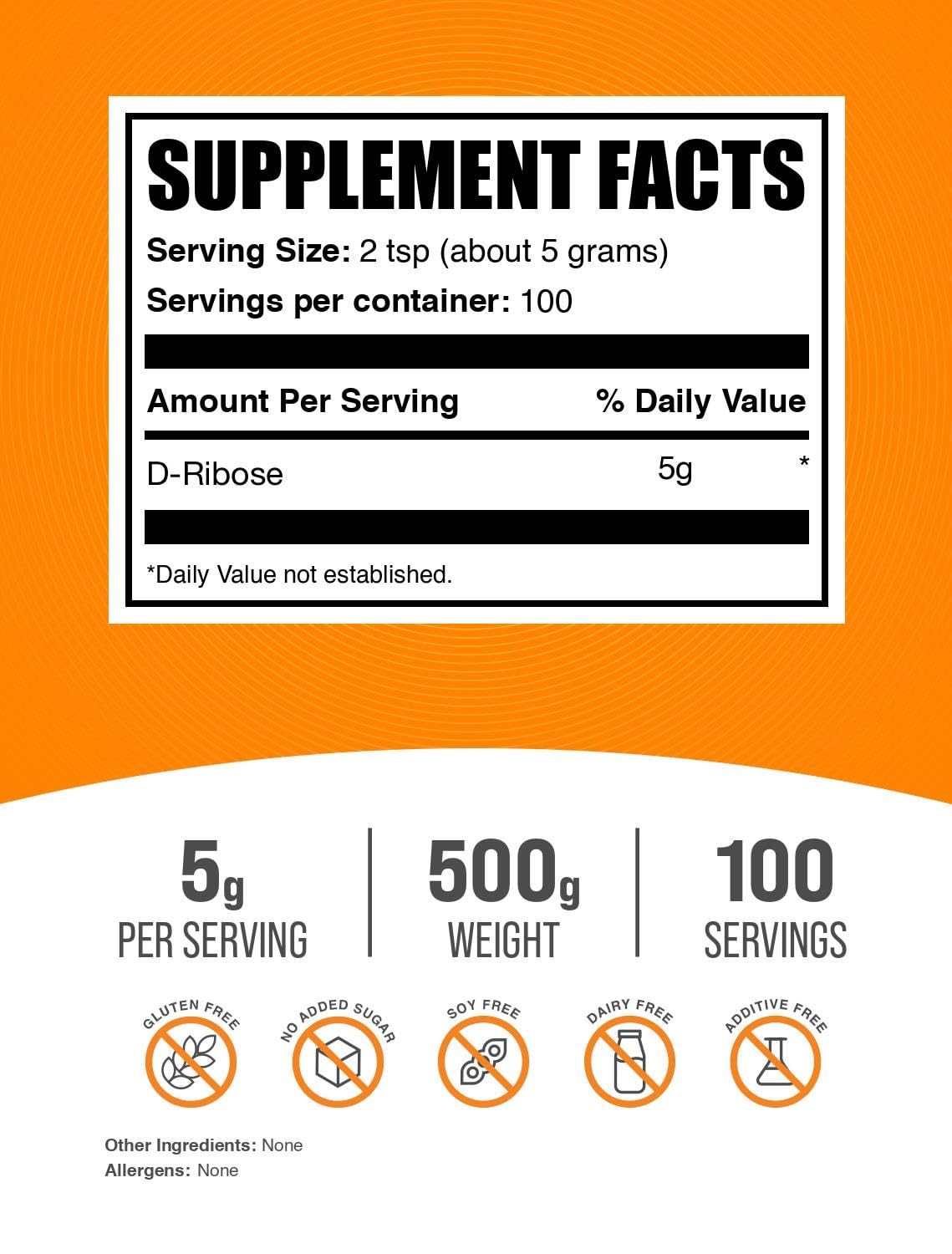 BulkSupplements D-Ribose powder package view highlighting compact 500 g tub.