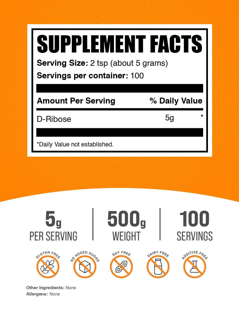 BulkSupplements D-Ribose powder package view highlighting compact 500 g tub.