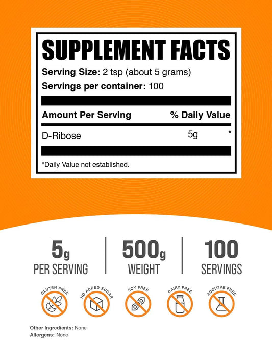 BulkSupplements D-Ribose powder package view highlighting compact 500 g tub.
