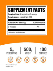BulkSupplements D-Ribose powder package view highlighting compact 500 g tub.