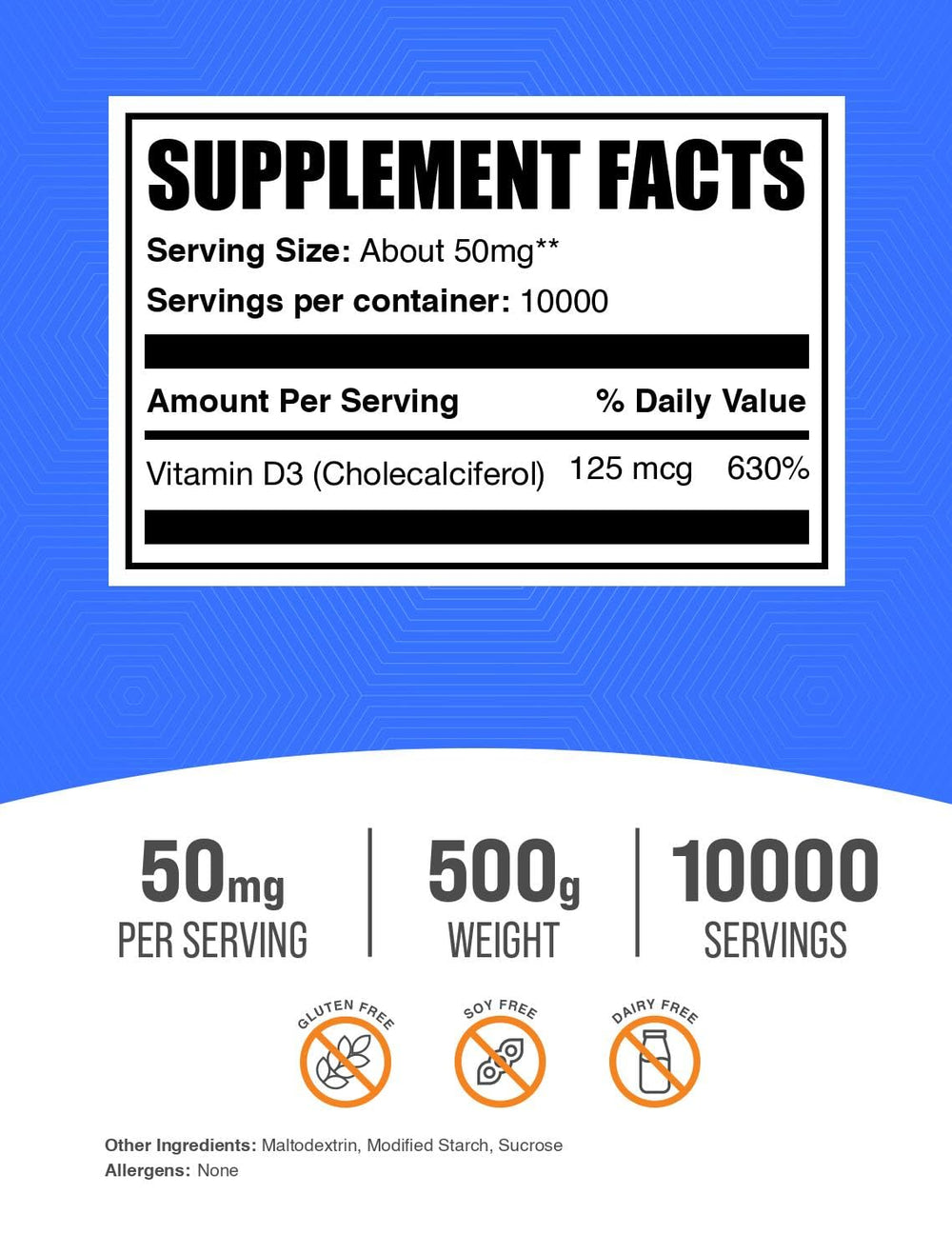 BulkSupplements Vitamin D3 powder gluten-free label close-up for quality