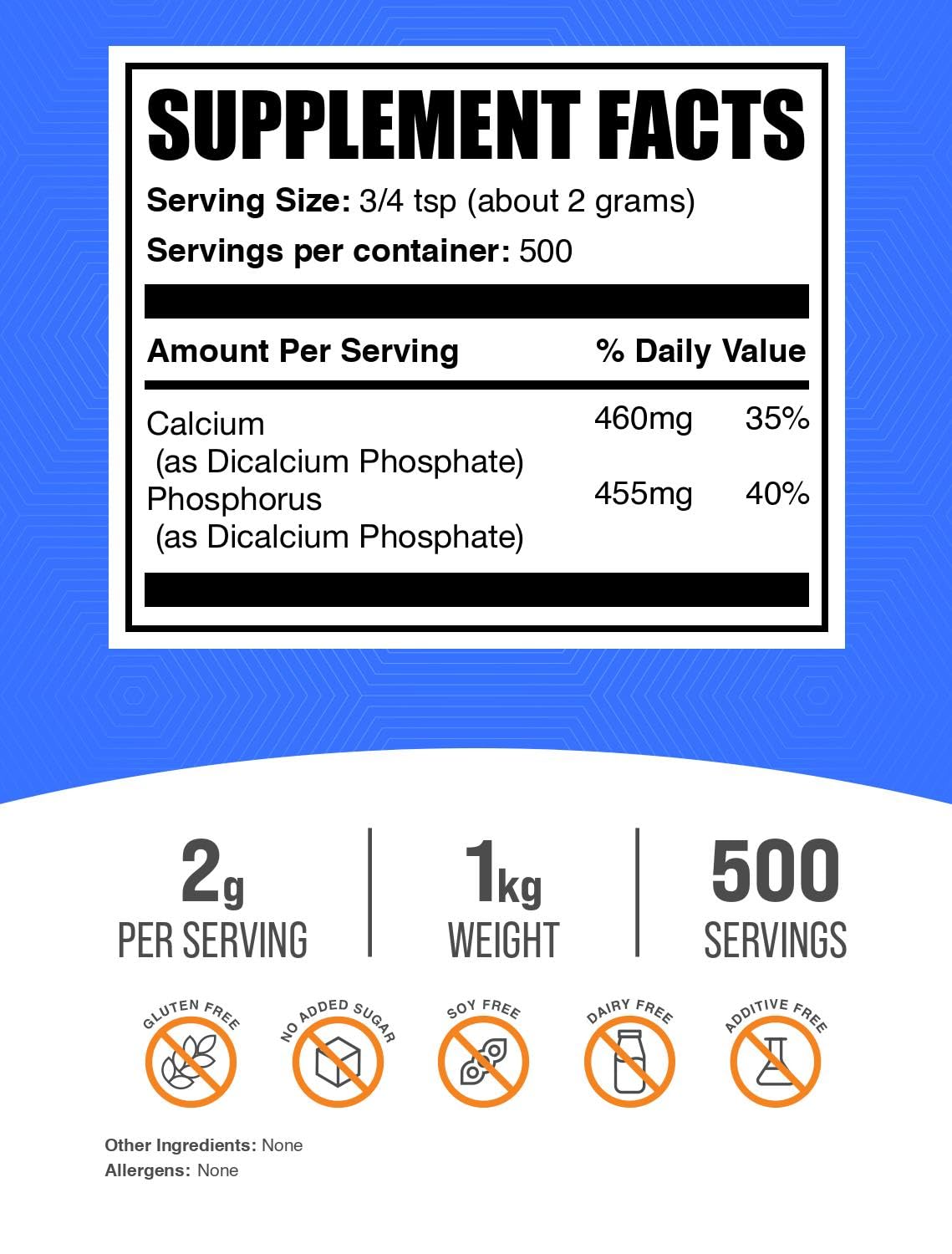 BulkSupplements Dicalcium Phosphate powder with scoop for precise dosing.