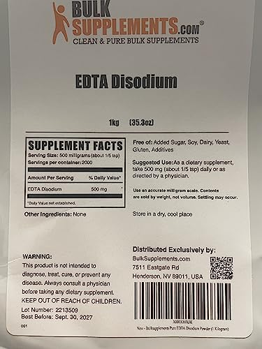 BulkSupplements Disodium EDTA powder with measuring spoon for safe dosing in recipes.