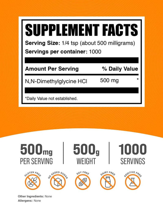 BulkSupplements DMG powder packaging on canister emphasizing 500 g size