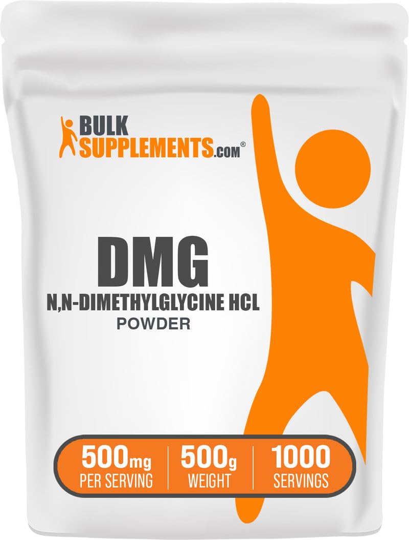 BulkSupplements DMG powder bottle highlighting a 500 mg serving for daily wellness