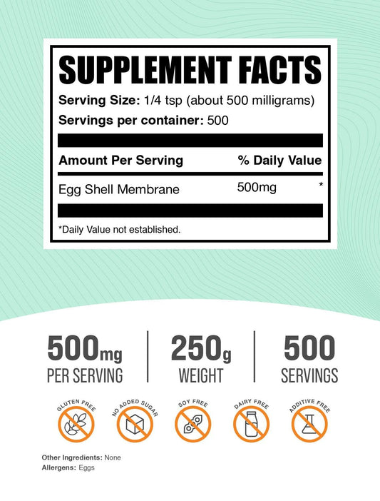 BulkSupplements eggshell-membrane powder scoop beside bottle for quick added boost.