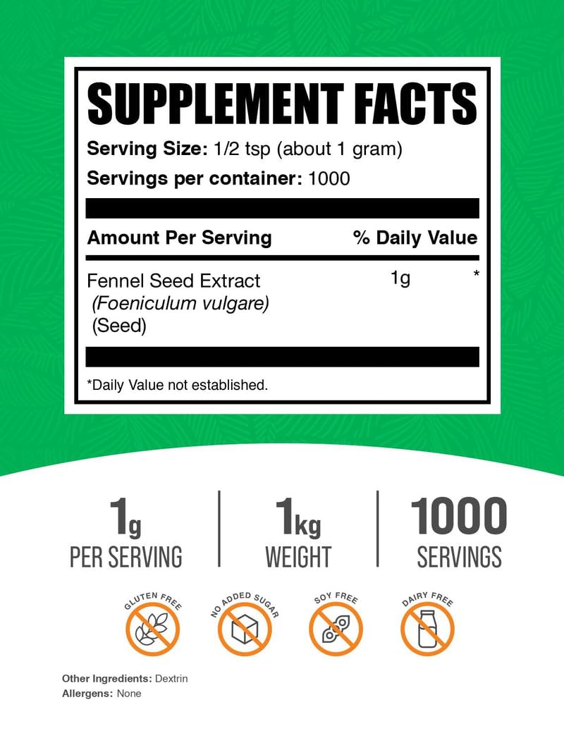 BulkSupplements fennel seed extract powder packaging showing product details