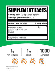 BulkSupplements flaxseed extract powder close-up shows natural nutrient-rich powder.