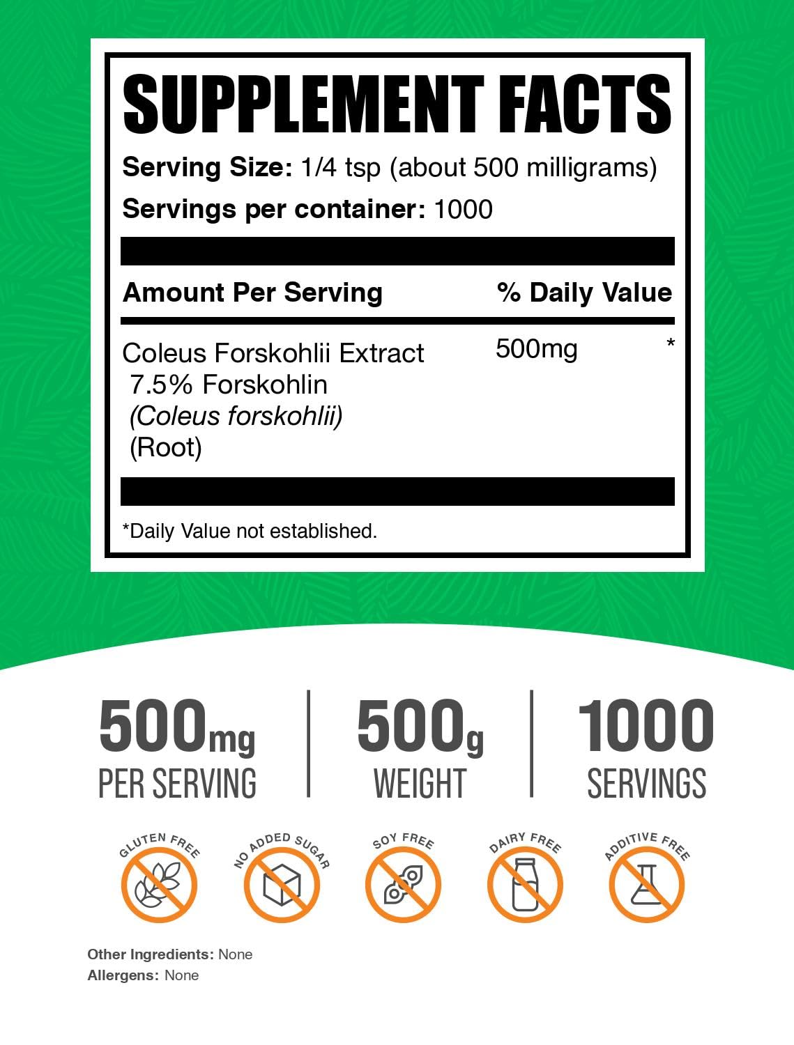 BulkSupplements Forskolin 7.5% per serving potency label supports transparency.