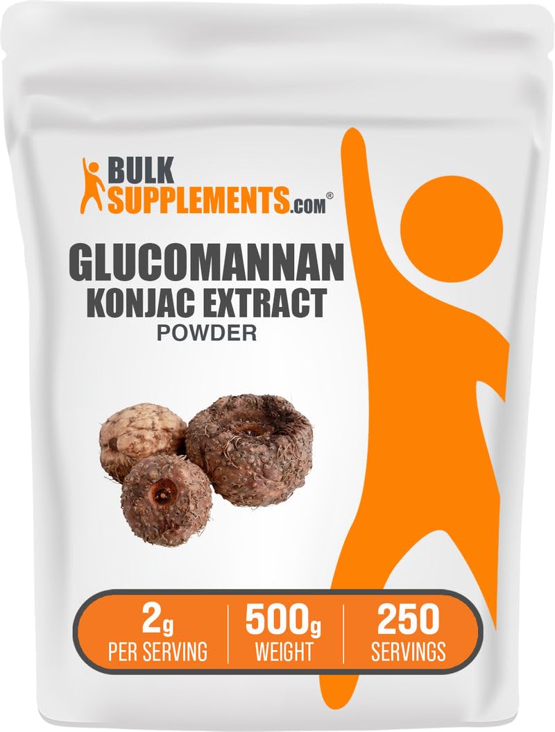 BulkSupplements Glucomannan powder bottle highlighting konjac root fiber for daily wellness.