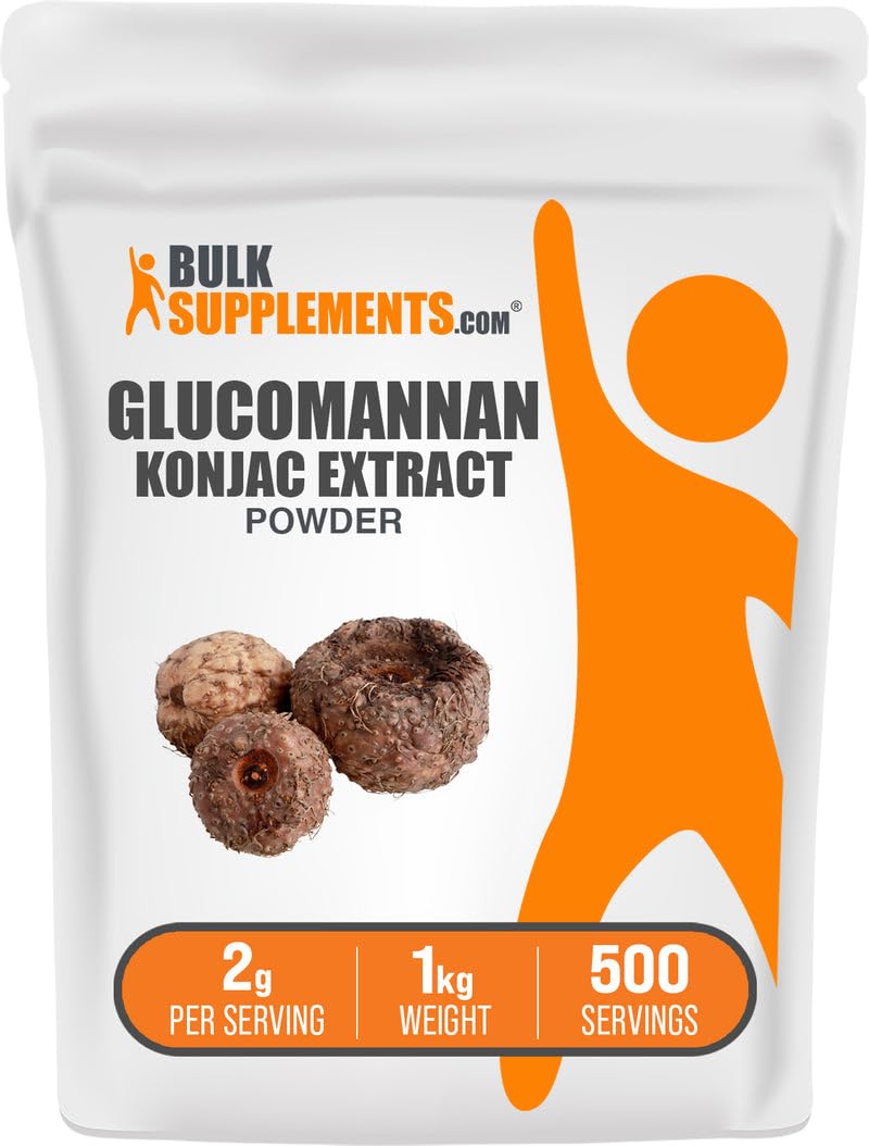 BulkSupplements Glucomannan Powder shows Konjac root extract, convenient for daily fiber supplementation.