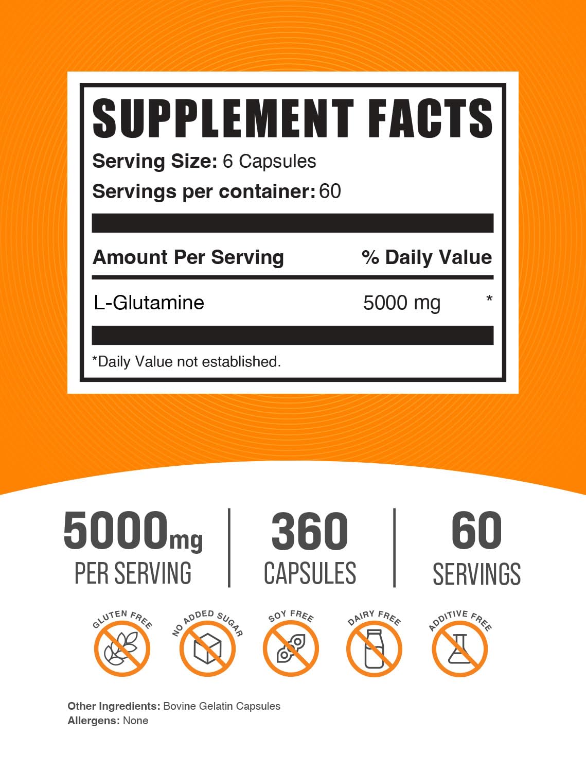 BulkSupplements L-Glutamine capsules closeup highlighting the high 5000mg dose.