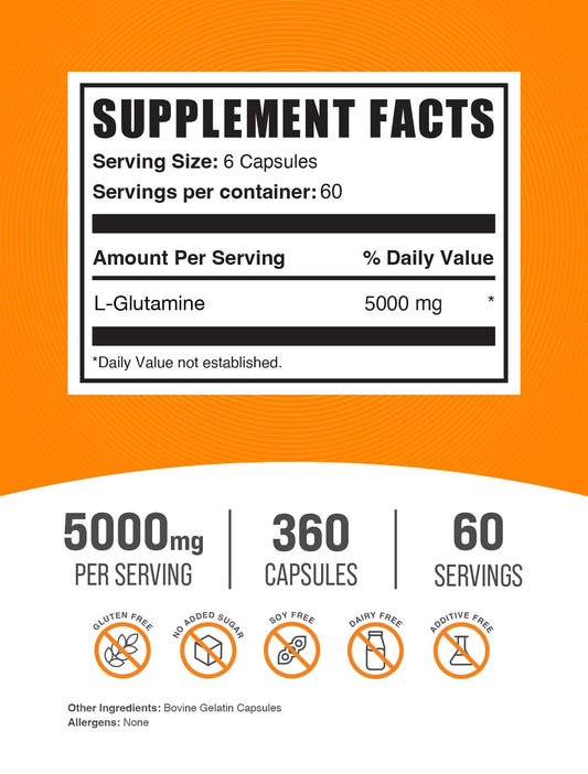 BulkSupplements L-Glutamine capsules closeup highlighting the high 5000mg dose.