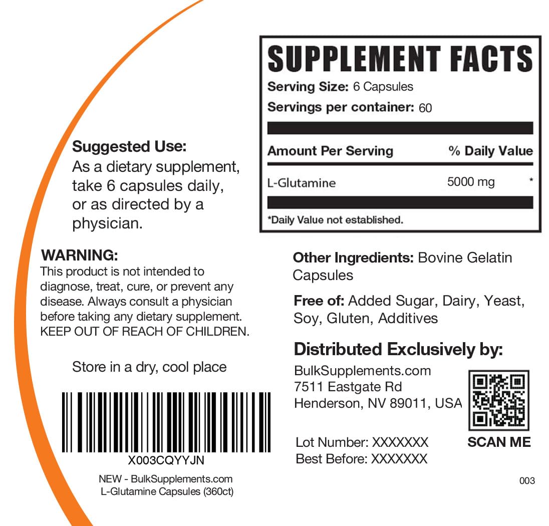 BulkSupplements L-Glutamine packaging image indicating cGMP compliant production.