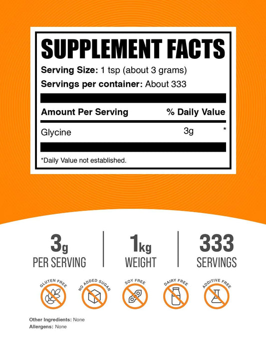 BulkSupplements Glycine Powder scoop demonstrates precise dosing for shakes and beverages
