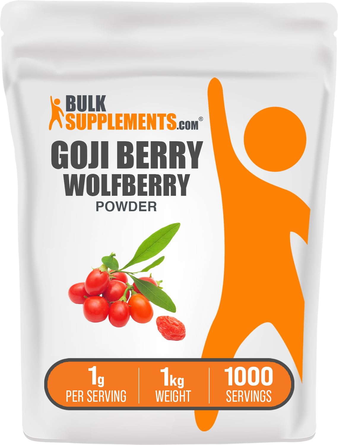 BulkSupplements Goji Berry Powder scoop showing 1g serving for daily use.