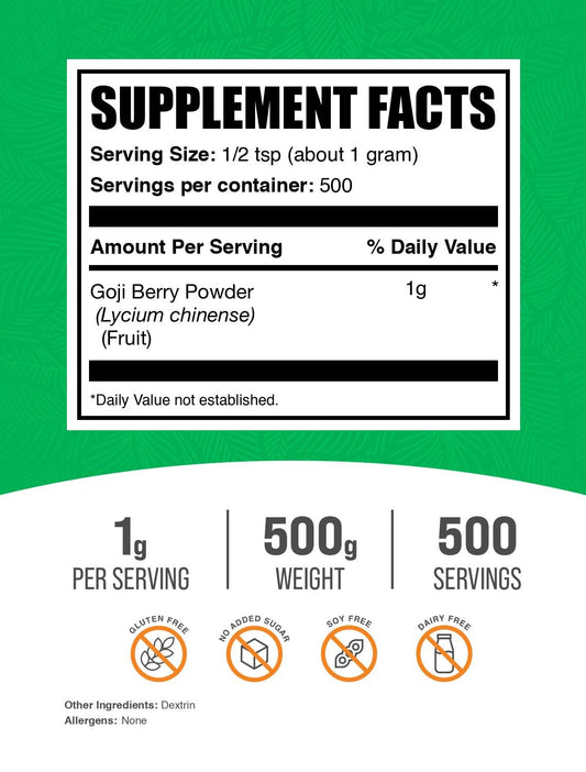 BulkSupplements Goji Berry Powder pour, convenient daily serving for smoothies.