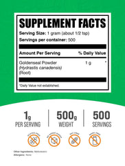 Goldenseal Powder label highlighting purity and testing