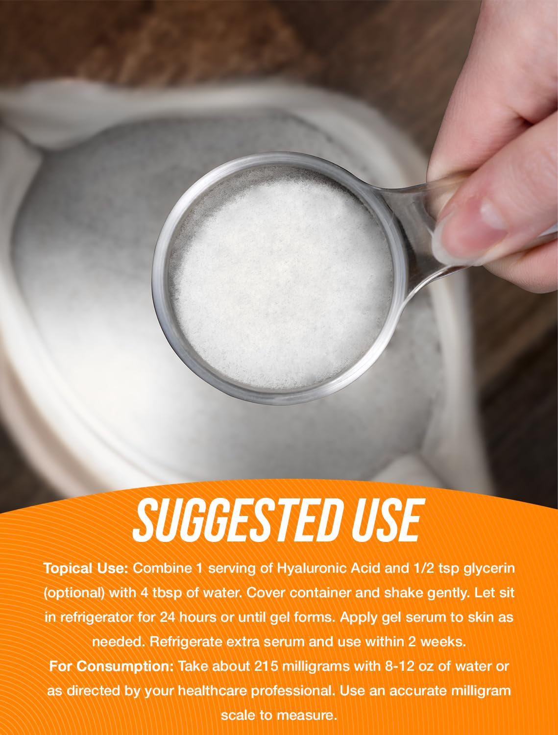 BulkSupplements Hyaluronic Acid powder label showing gluten-free and food-grade quality.