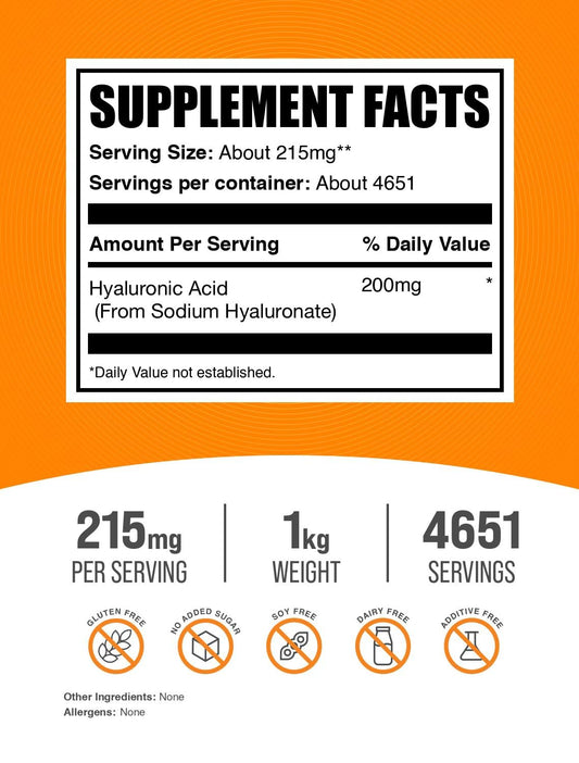 BulkSupplements Hyaluronic Acid powder with measuring scoop for precise daily use.