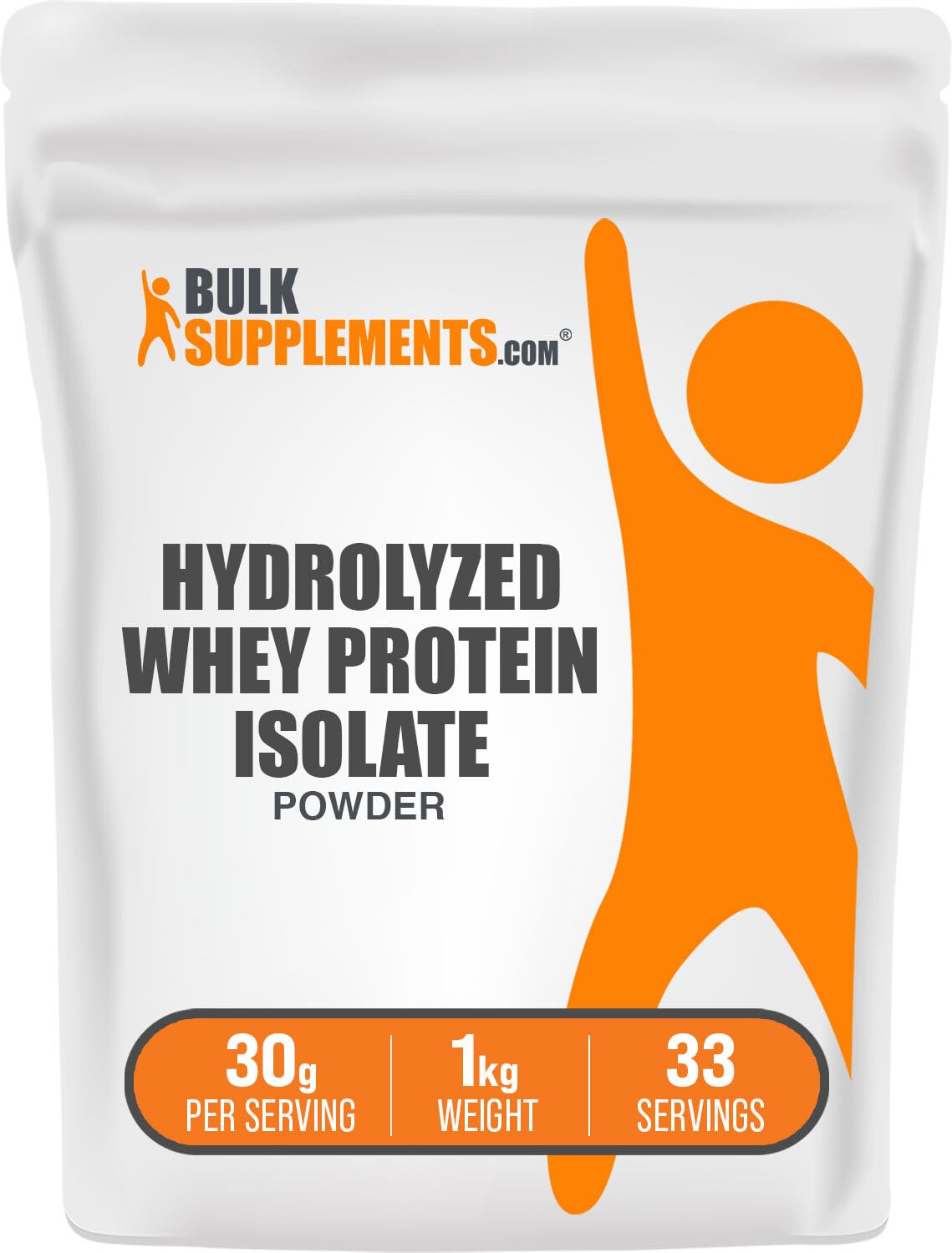 BulkSupplements Hydrolyzed Whey Protein Isolate container showing unflavored powder for easy mixing.
