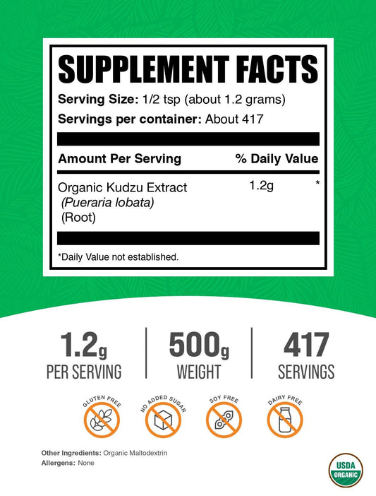 BulkSupplements Kudzu Root Extract powder label shows quality and sourcing details.