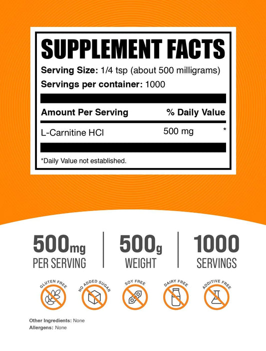 Measuring scoop with BulkSupplements L-Carnitine HCl powder for precise dosing.