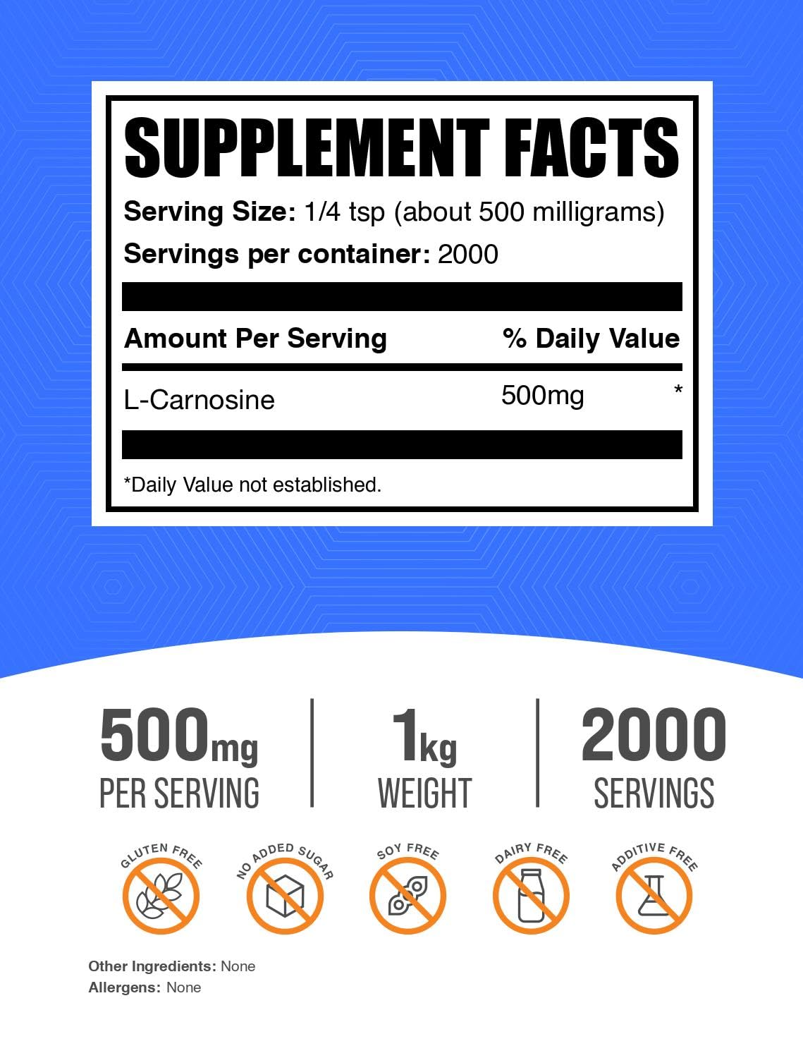 BulkSupplements L-Carnosine Powder canister on kitchen counter, easy to mix