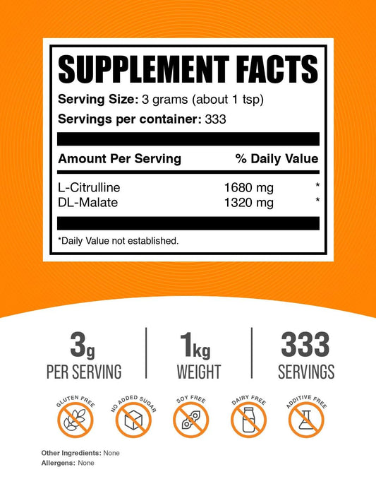 BulkSupplements L-Citrulline Malate 1:1 powder scoop enables precise pre-workout portions.