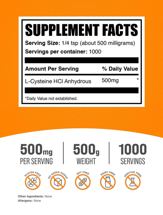 BulkSupplements L-Cysteine HCl powder with scoop, easy to mix in beverages