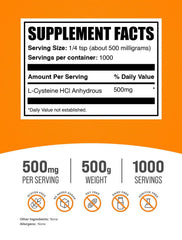 BulkSupplements L-Cysteine HCl powder with scoop, easy to mix in beverages
