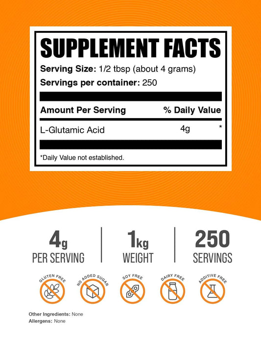 BulkSupplements L-Glutamic Acid powder scoop enables precise serving measurements.