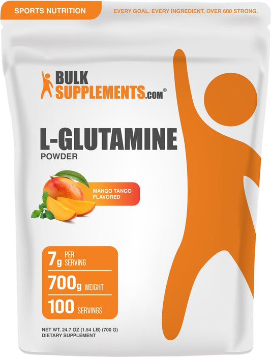 BulkSupplements L-Glutamine Mango Tango powder label close-up highlighting flavor
