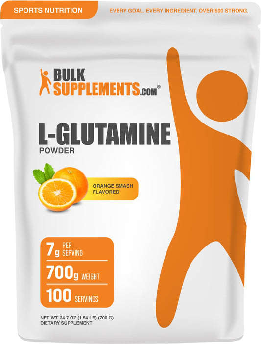 BulkSupplements L-Glutamine Powder Orange Smash jar ready for post-workout mixes.
