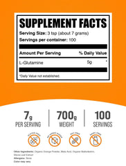 BulkSupplements L-Glutamine Orange Smash scoop shows convenient 7 g serving.