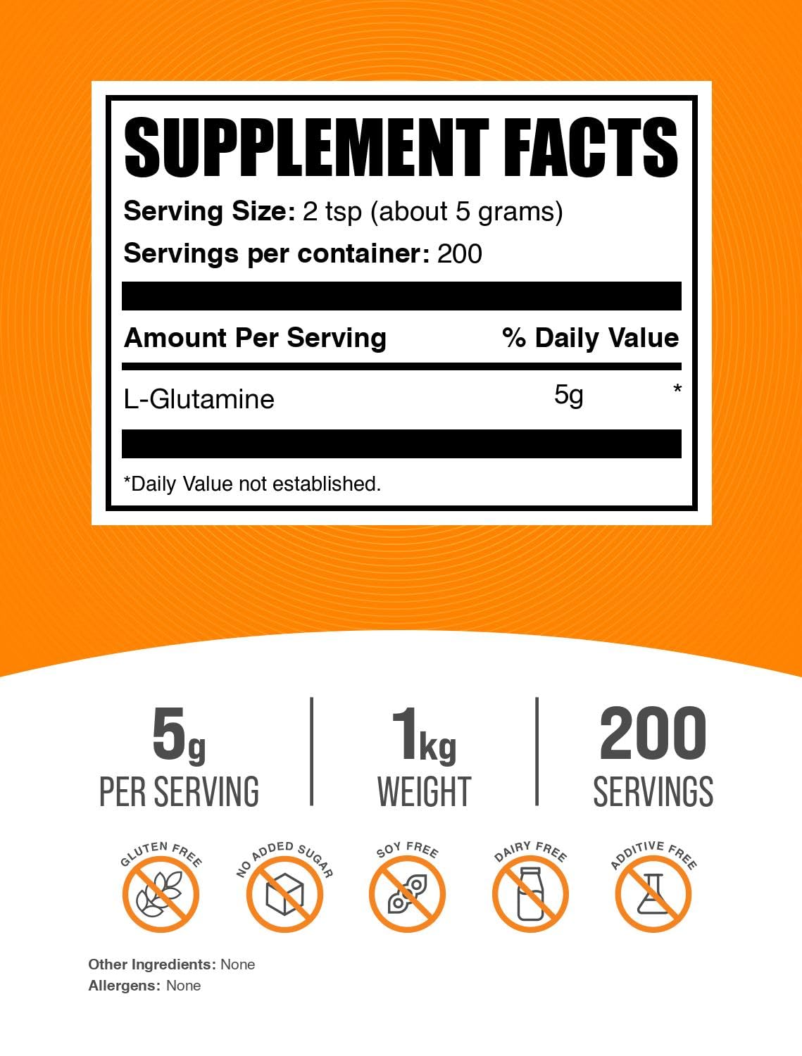 Close-up of L-Glutamine powder pouring, highlighting 5 g serving size.