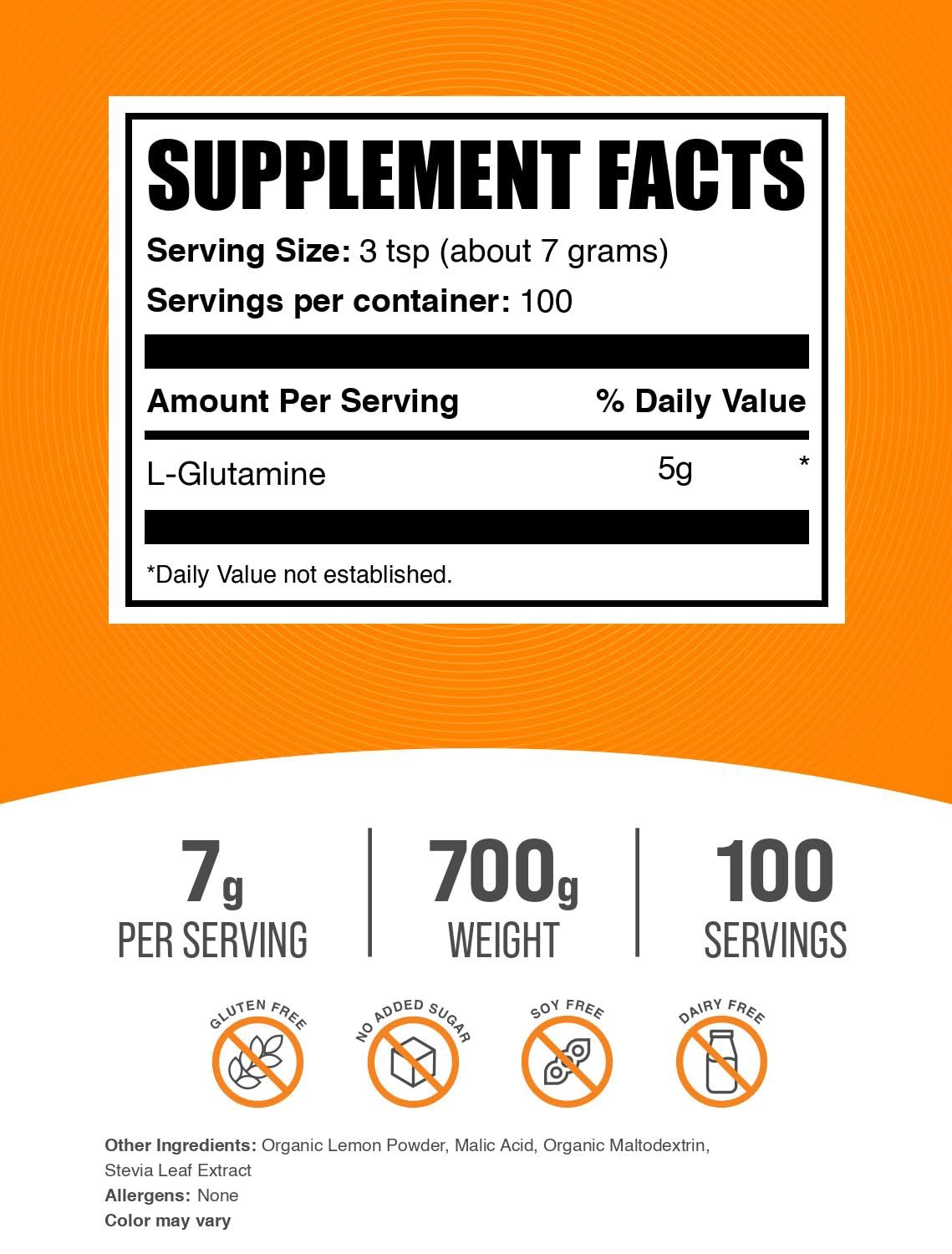 L-Glutamine powder serving scoop shown for convenient daily supplementation.