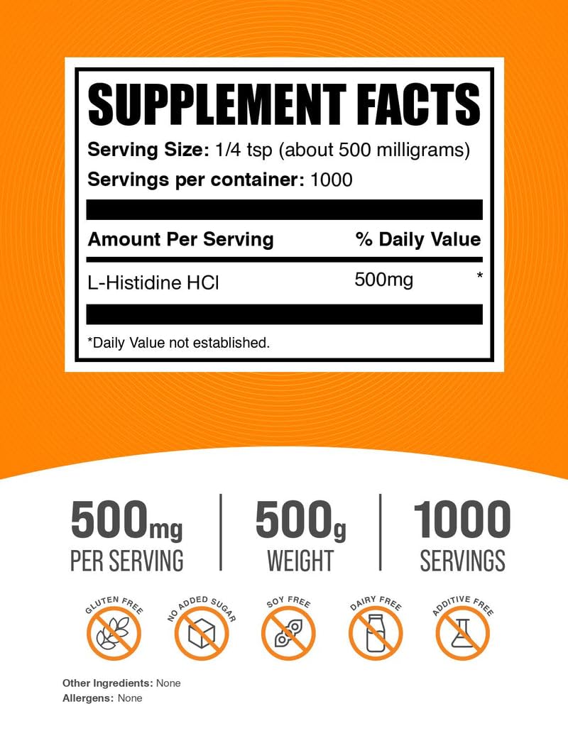 BulkSupplements L-Histidine HCl powder with measuring spoon for precise dosing