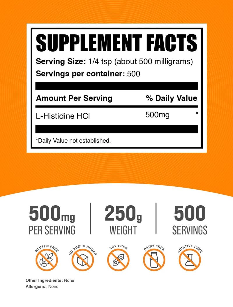 BulkSupplements L-Histidine HCl powder with scoop for easy daily use.